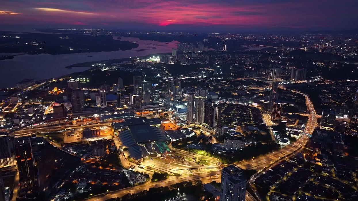Johor Bahru cityscape at night — aerial view